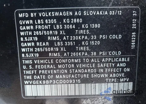 2012 Volkswagen Touareg Tdi Lux z USA, uszkodzony, nr VIN WVGEK9BP3CD009315